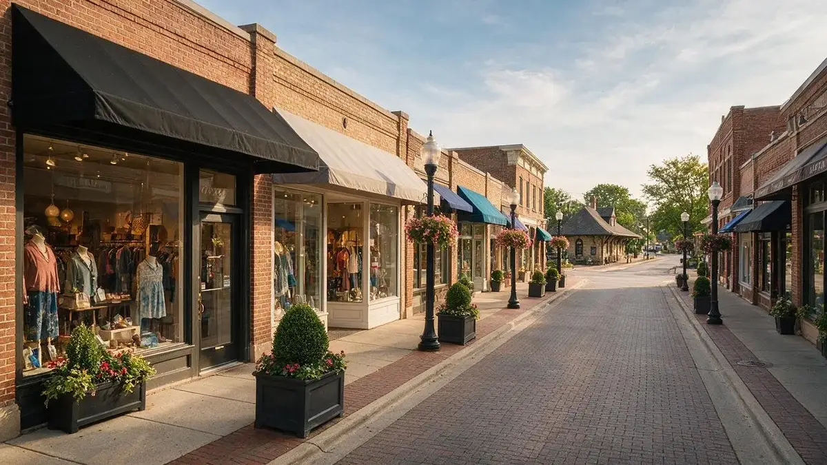 Upscale Main Street with brick storefronts and flower planters in Barrington, Illinois