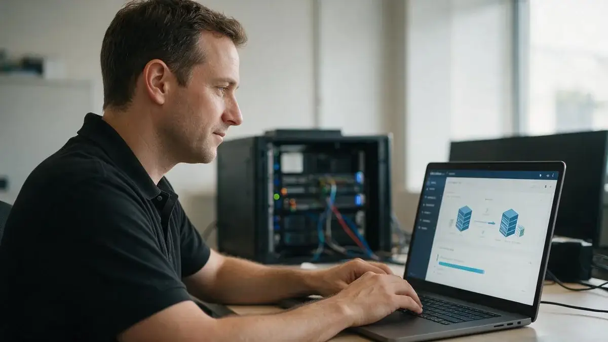 On-Prem / Cloud / Hybrid 1 BitNetica IT consultant working on a laptop showing a cloud infrastructure migration dashboard with an on-premises server rack nearby