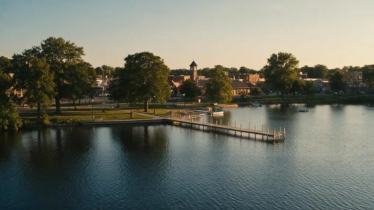 Lakefront park and pier in Crystal Lake, Illinois with the town skyline in the background