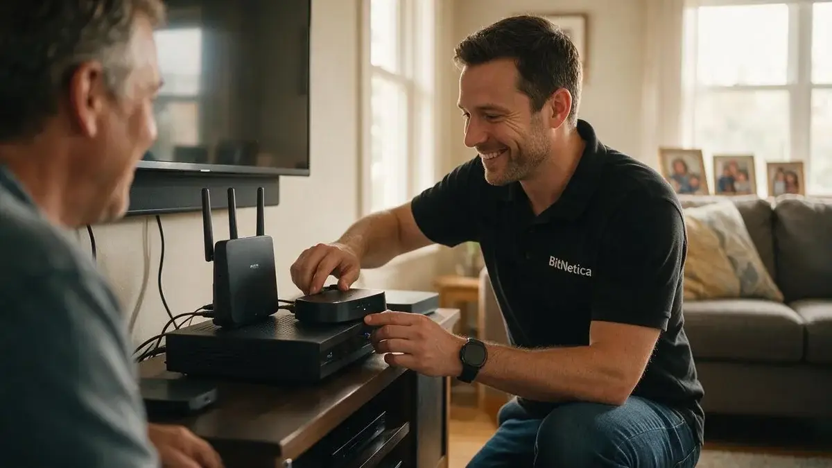 BitNetica technician setting up a home Wi-Fi router and smart home hub for a homeowner in a living room