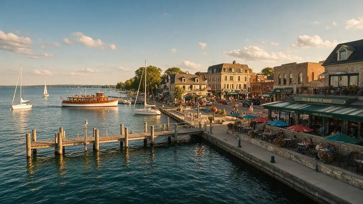 Resort-town waterfront with sailboats and lakeside restaurants in Lake Geneva, Wisconsin