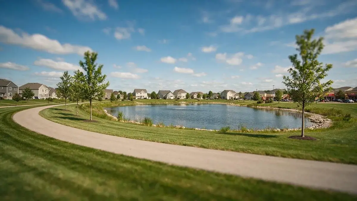 Suburban lake and walking trail surrounded by homes in Lake in the Hills, Illinois