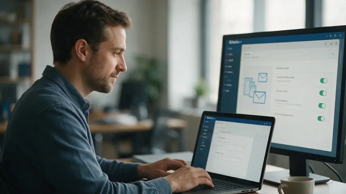 BitNetica IT consultant configuring Microsoft 365 and Exchange email settings on a laptop with an admin console on a second monitor