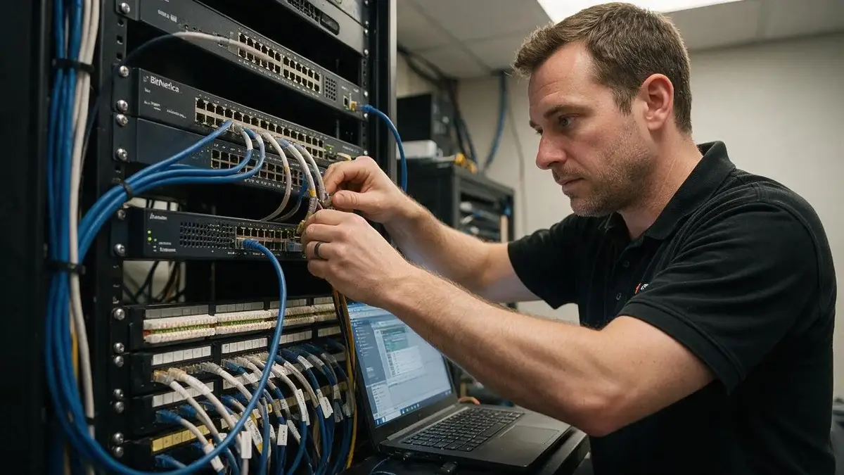 Network Design, Setup & Support 1 BitNetica network technician patching cables into a rack-mounted switch and firewall in a server closet