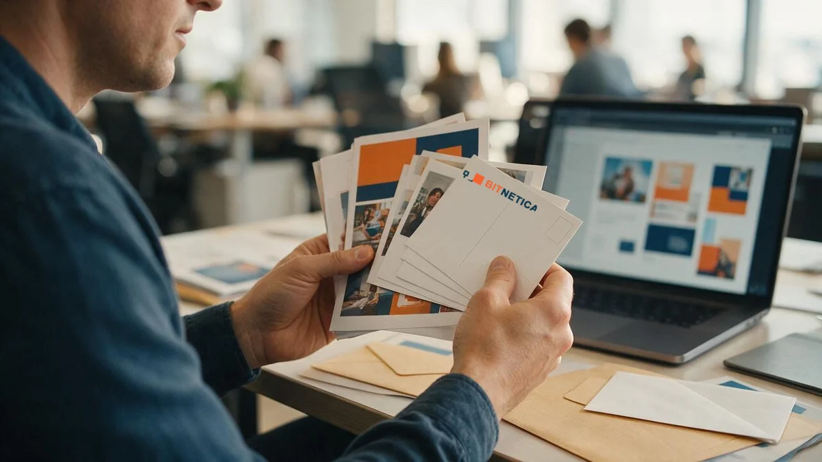 BitNetica marketing consultant reviewing printed direct-mail postcards and brochure proofs beside a laptop showing an email campaign design
