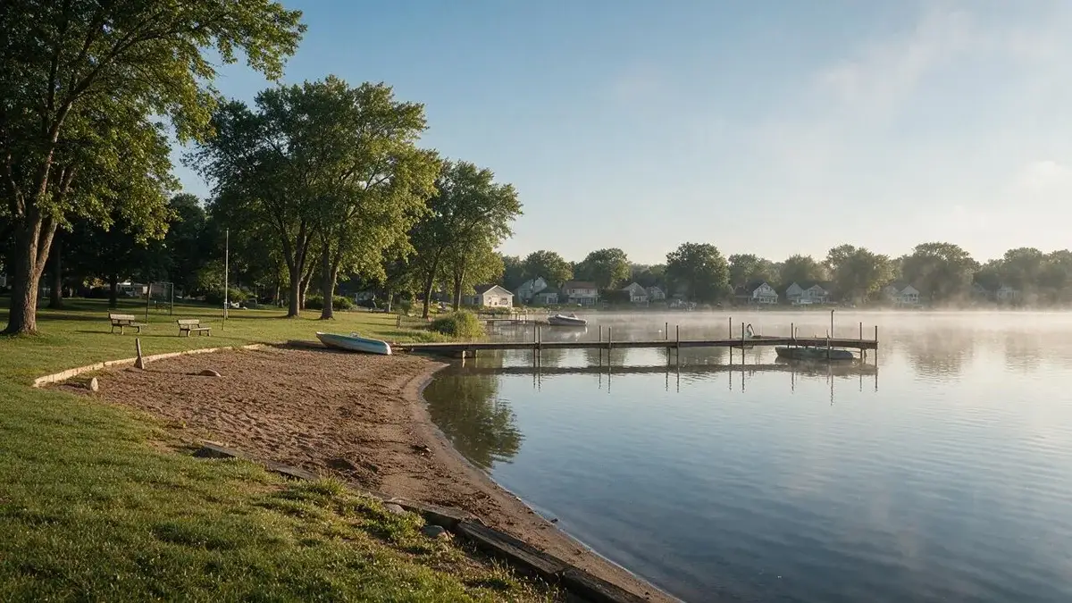 Quiet lakeside beach and dock in Round Lake, Illinois at sunrise