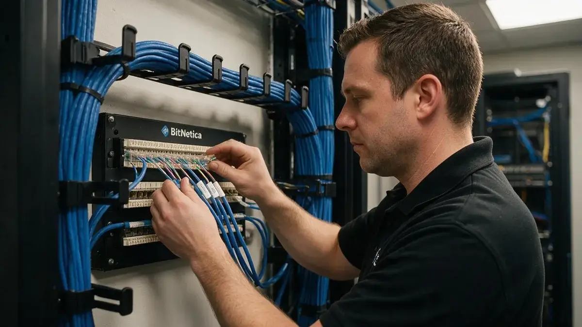 BitNetica technician neatly terminating and labeling Cat6 network cables into a wall-mounted patch panel