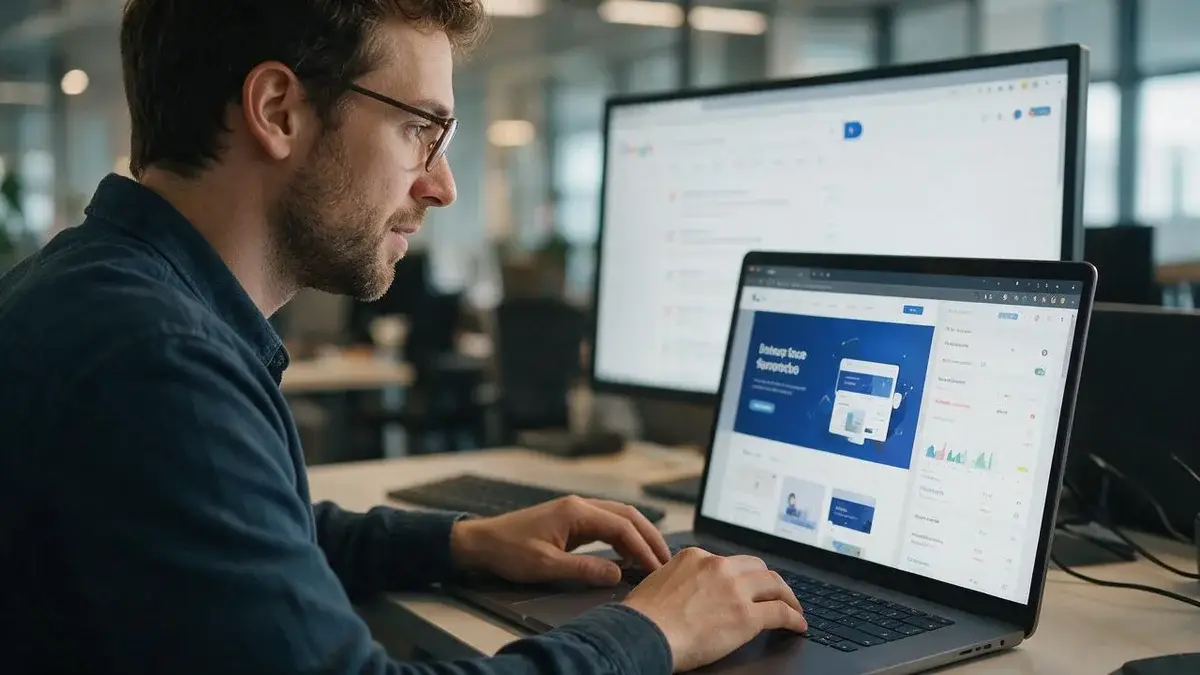 BitNetica web developer working on a laptop showing a website design mockup and search analytics dashboard