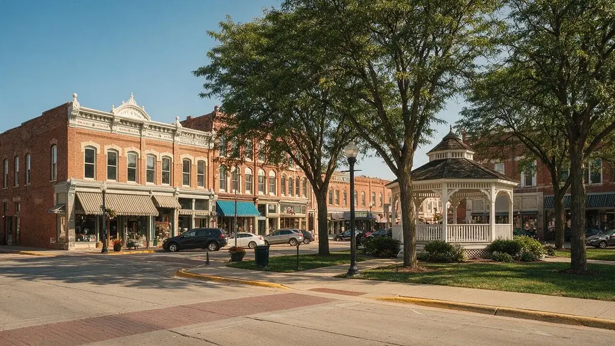 IT Support in Woodstock, IL 1 Historic Woodstock, Illinois town square with Victorian-era brick storefronts and a central gazebo
