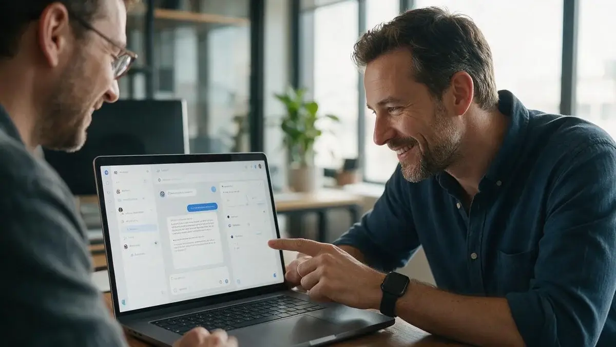 BitNetica consultant and business owner reviewing an AI assistant and automation workflow together
