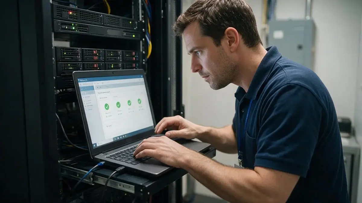 BitNetica technician verifying a backup restore on a server rack in a small server closet