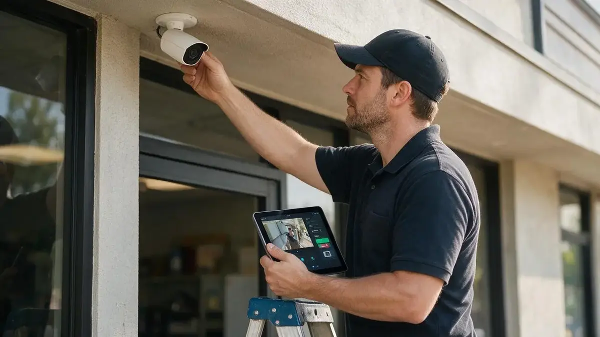 BitNetica technician installing a security camera at a business entrance, viewing the live feed on a tablet