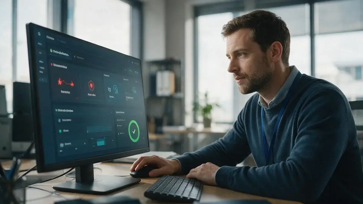 Cybersecurity 1 BitNetica cybersecurity technician reviewing a threat detection and security status dashboard