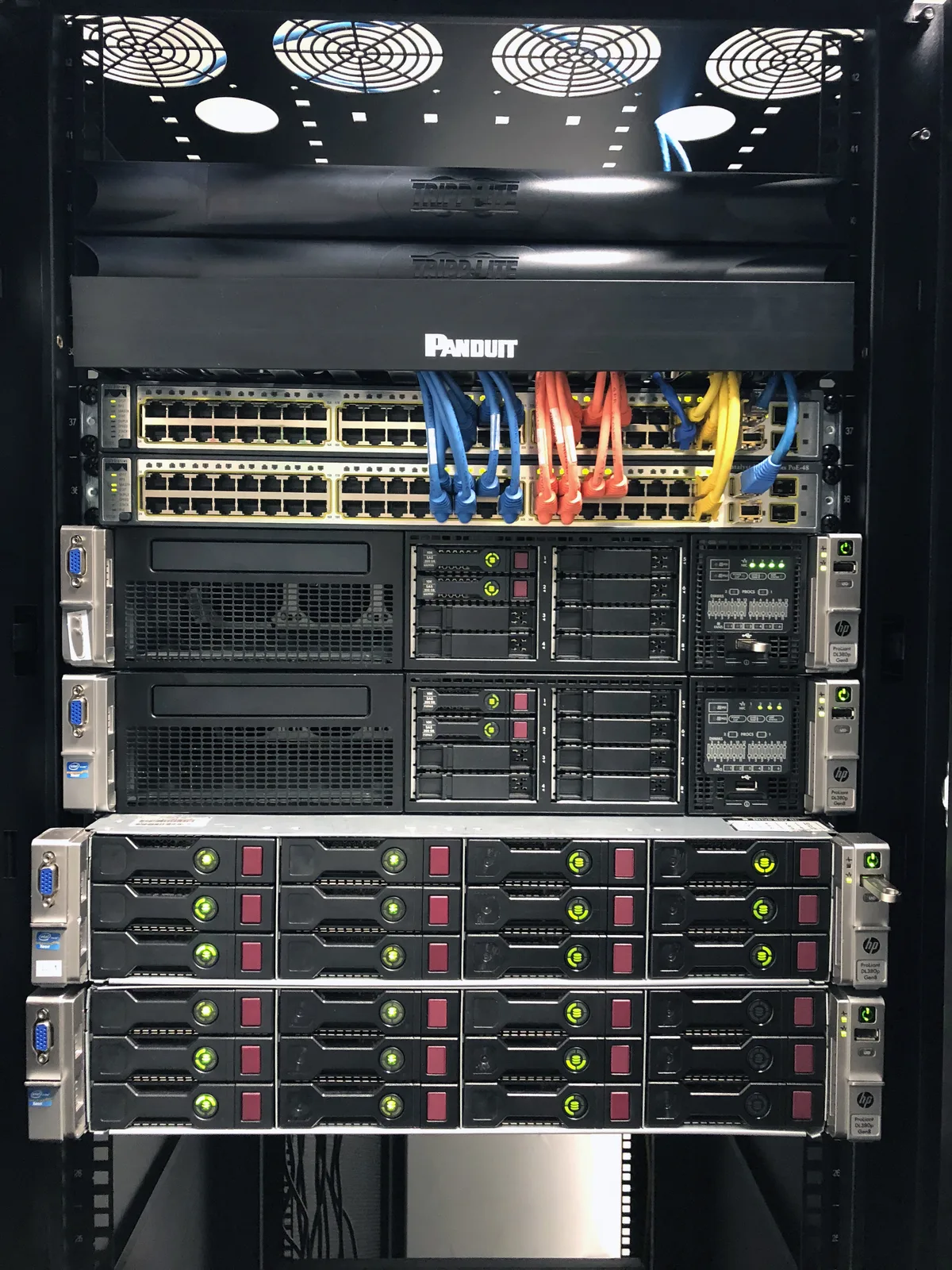Home 13 Fully installed network rack with color-coded structured cabling and rack-mounted servers, installed by BitNetica
