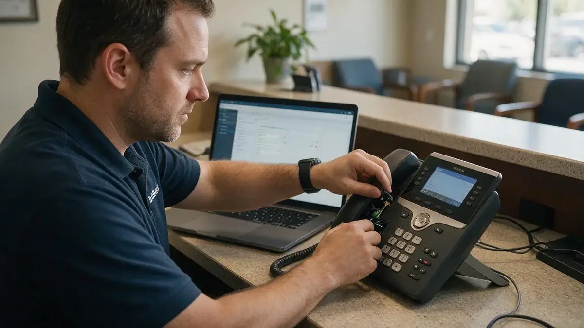 BitNetica technician configuring a VoIP desk phone at a reception desk