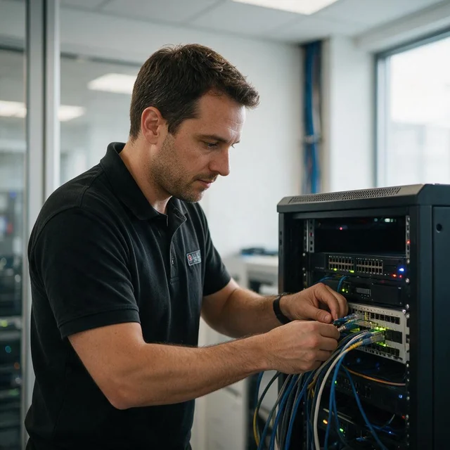 Home 26 A BitNetica technician installing and configuring network equipment
