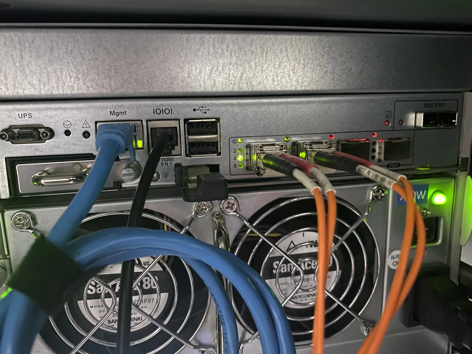 Home 18 Storage array rear panel with fiber and network cabling connected by BitNetica technicians