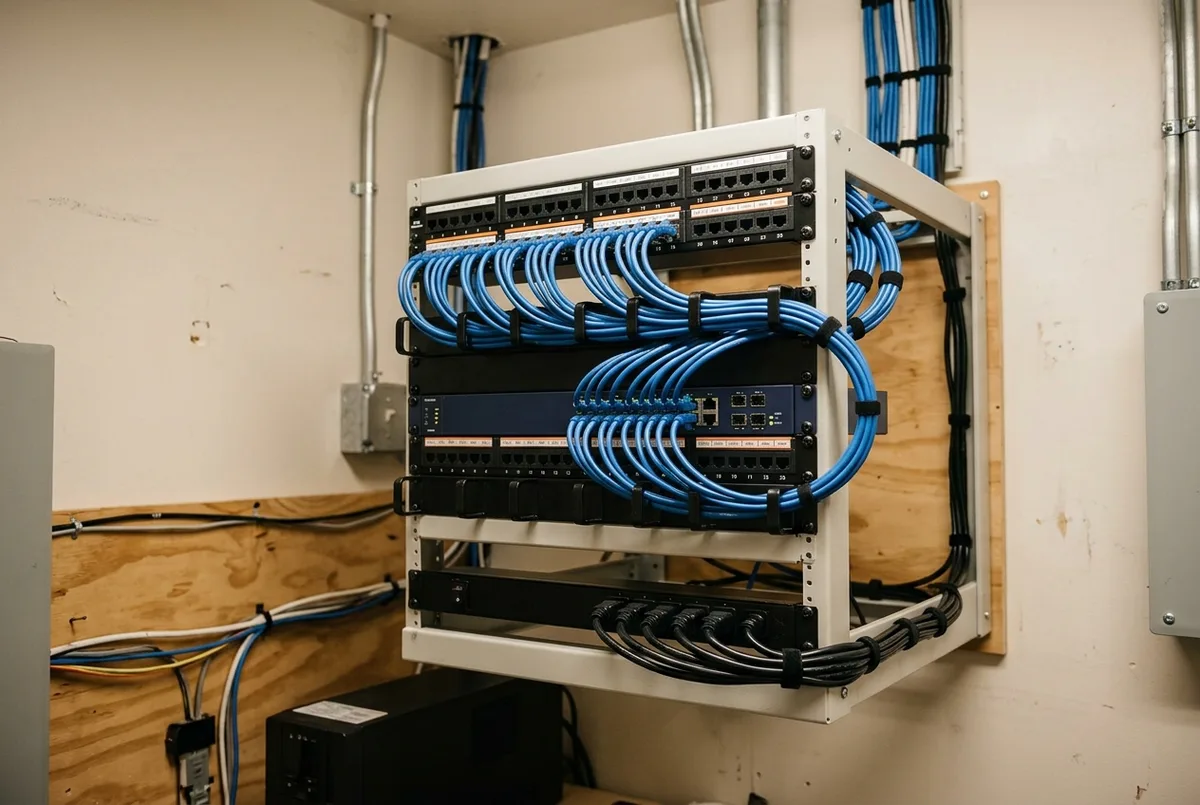 Illustration of the same network closet after cleanup, with labeled patch panel and neatly dressed blue cables