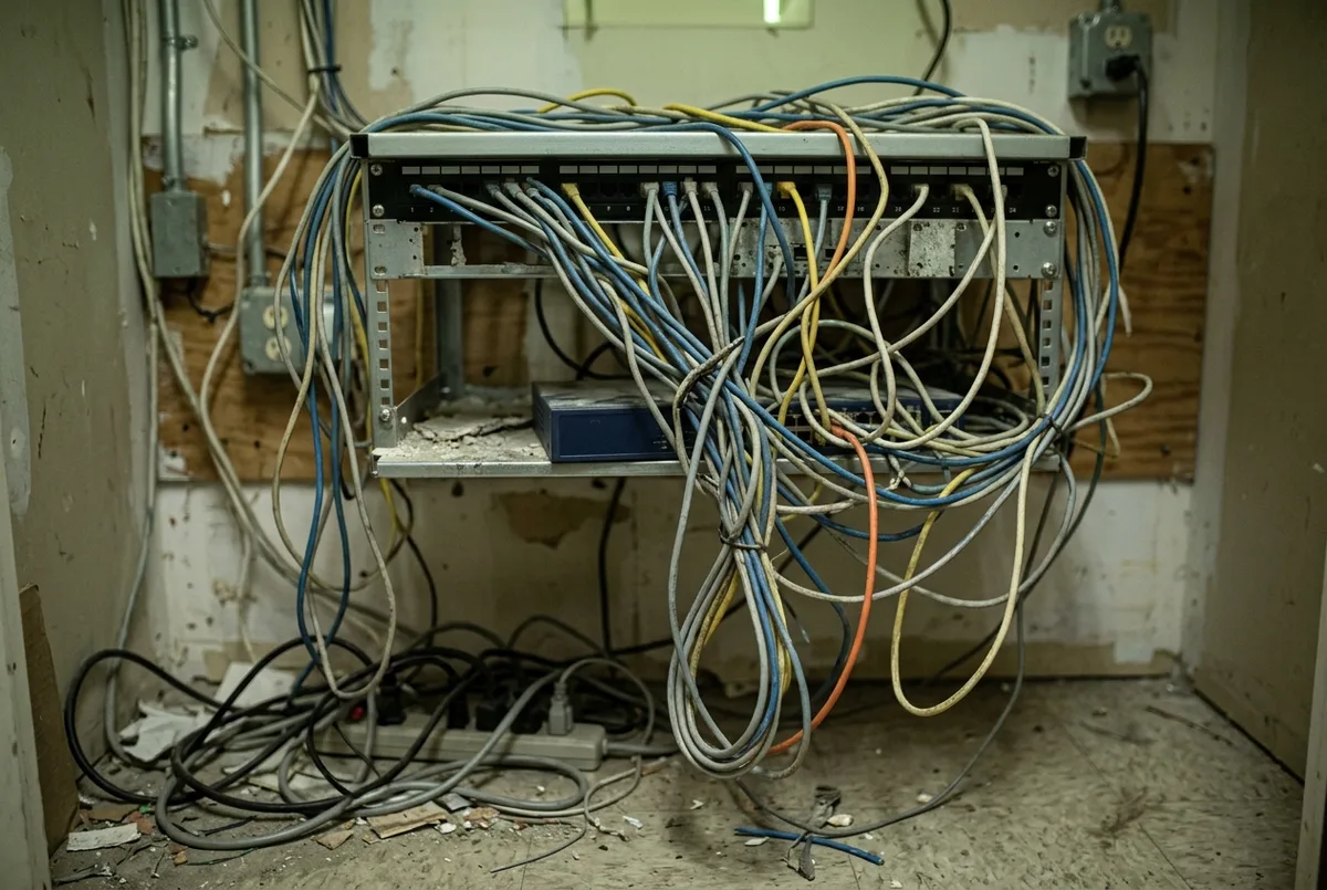 Illustration of a network closet before cleanup, with loose unlabeled cables hanging from a patch panel
