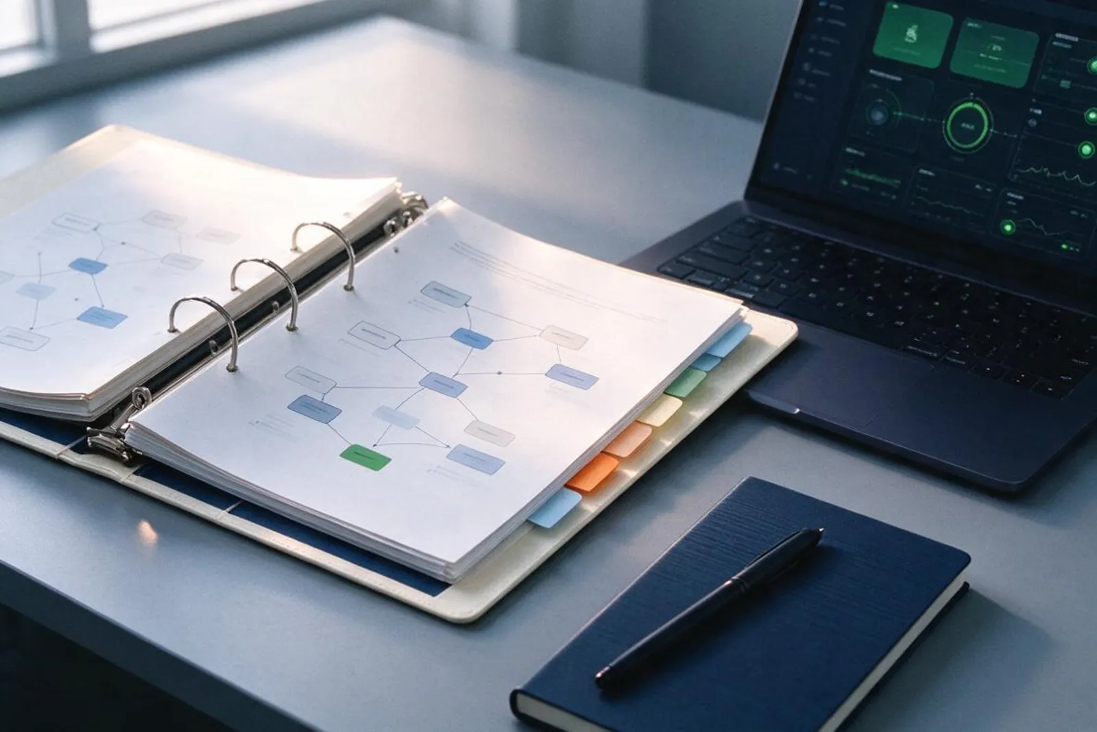 Managed IT Services 1 An open documentation binder with a network diagram beside a laptop showing a green-status monitoring dashboard
