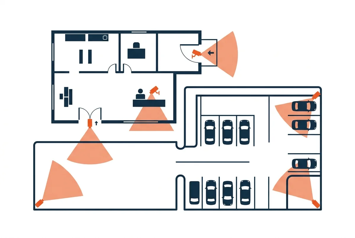 Illustrated top-down plan of a small business with camera view cones at the entrance, checkout, loading dock and parking lot