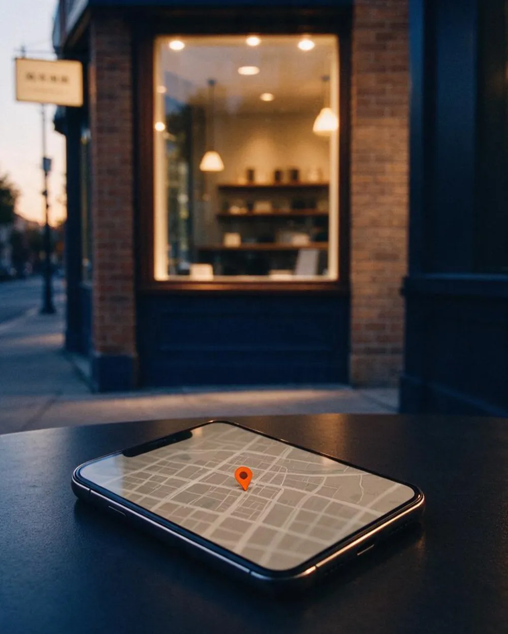 A smartphone showing a map with an orange pin in front of a warmly lit storefront at dusk