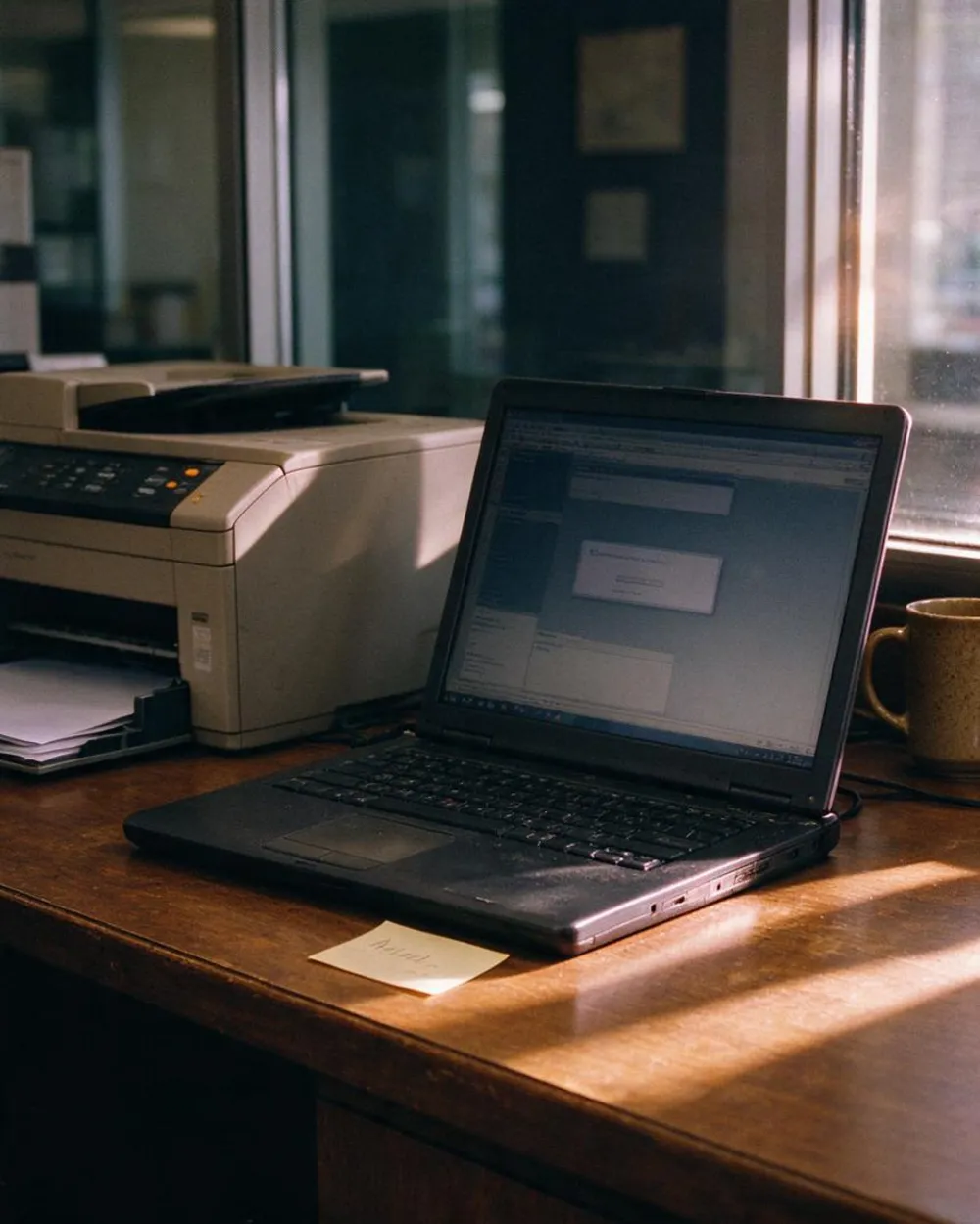 A reception desk with an older laptop showing an error dialog beside a printer in late afternoon light
