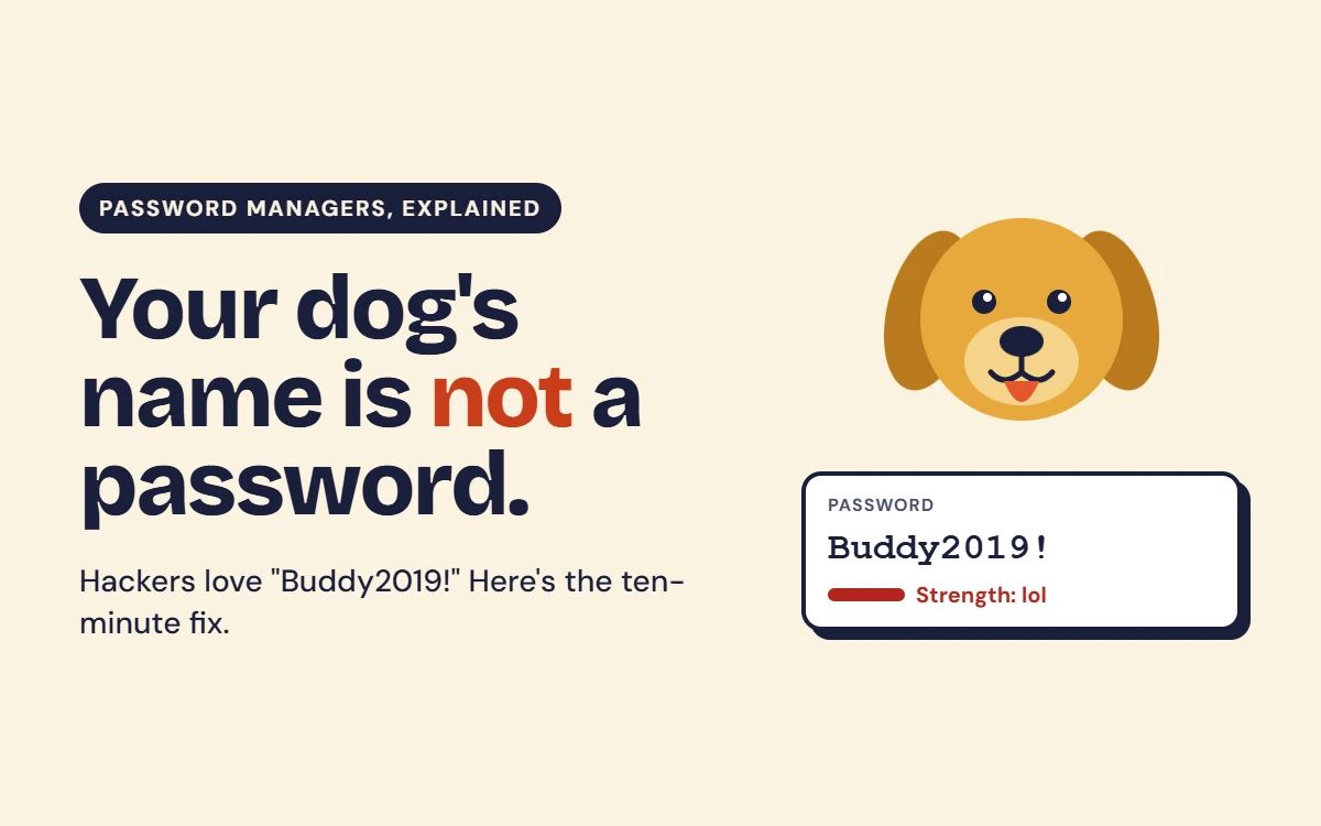 Cartoon dog beside a password box showing Buddy2019! with a weak strength meter; headline: Your dog's name is not a password